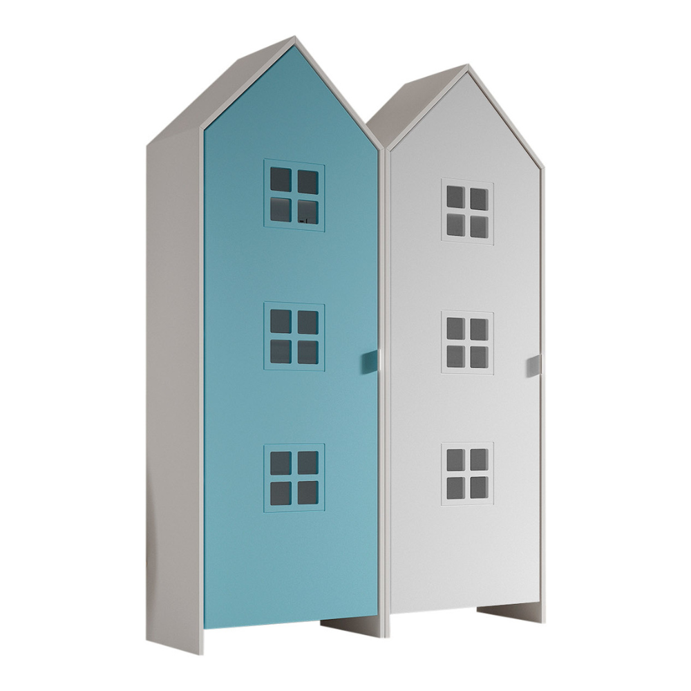 The Casami Kids 2 Door Window Wardrobe Set in Ballet Blue & Satin White features beach house style with lacquered finish, MDF material, shelves and rails