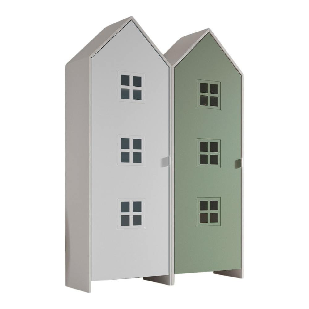 The Casami Kids 2 Door Window Wardrobe Set in Satin White & Mint Green offers a beach house style with lacquered finish, rails, shelves and MDF material