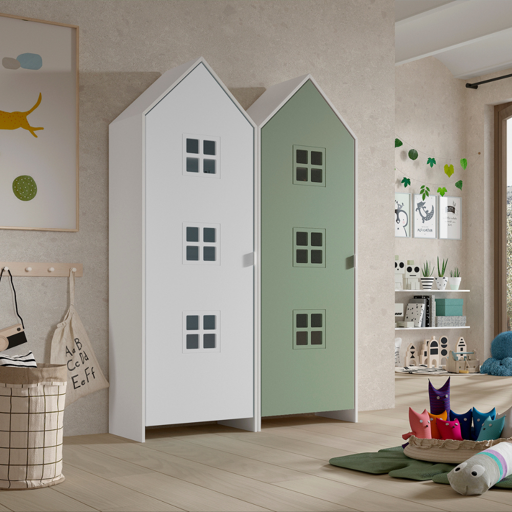 The Casami Kids 2 Door Window Wardrobe Set in Satin White & Mint Green offers a beach house style with lacquered finish, rails, shelves and MDF material