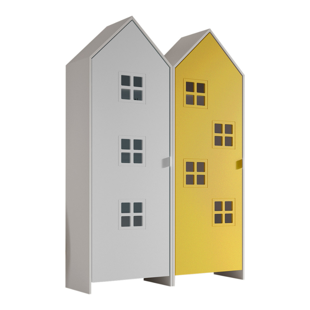 The Casami Kids 2 Door Window Wardrobe Set in Satin White & Sunbeam Yellow features beach house style with lacquered finish, rails, shelves and MDF material