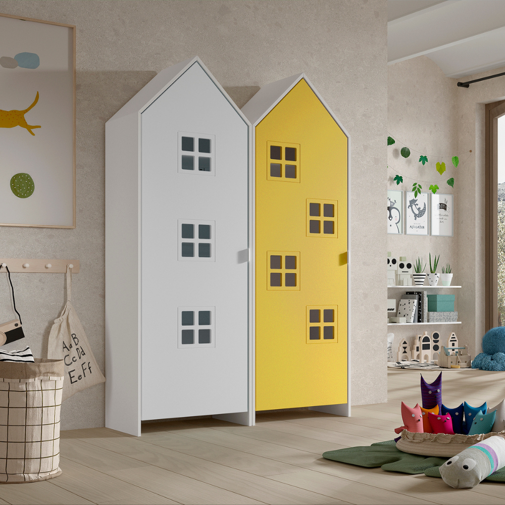 The Casami Kids 2 Door Window Wardrobe Set in Satin White & Sunbeam Yellow features beach house style with lacquered finish, rails, shelves and MDF material