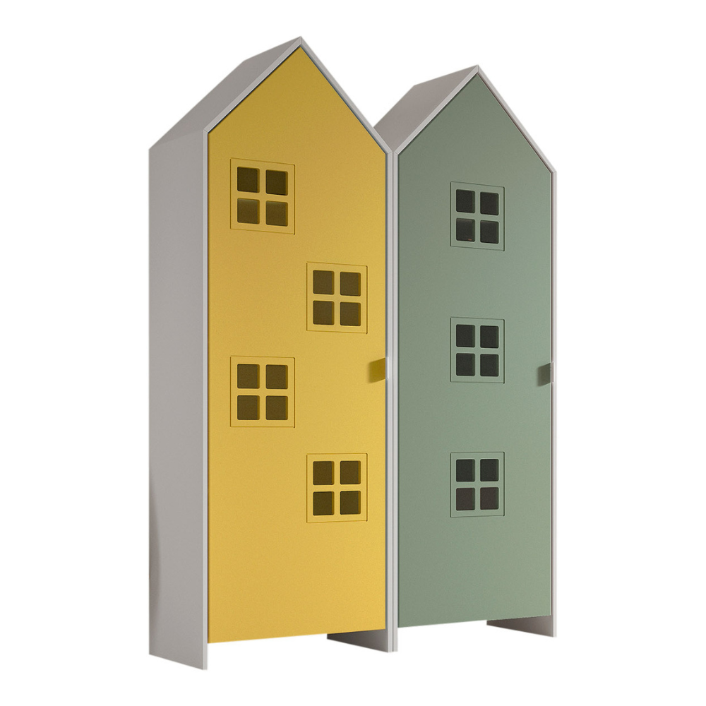 The Casami Kids 2 Door Window Wardrobe Set in Sunbeam Yellow & Mint Green offers a beach house style with lacquered finish, rails, shelves and MDF material