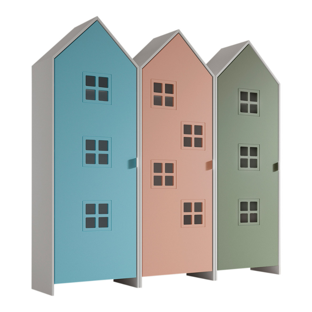 The Casami Kids 3 Door Window Wardrobe Set in Ballet Blue, Blush Peach & Mint Green provides charm, storage & durability, where fun meets functionality