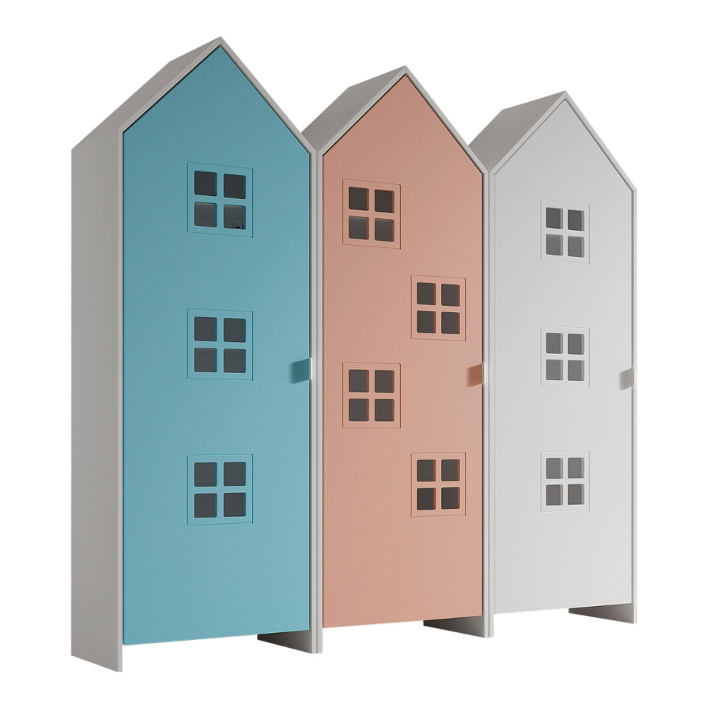 The Casami Kids 3 Door Window Wardrobe Set in Ballet Blue, Blush Peach & Satin White provides charm, storage and durability, where fun meets functionality