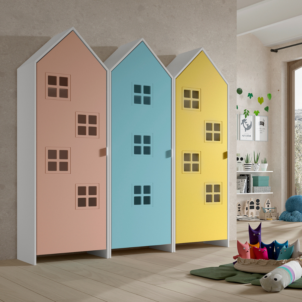 The Casami Kids 3 Door Window Wardrobe Set in Ballet Blue, Blush Peach & Sunbeam Yellow provides charm, storage & durability, where fun meets functionality