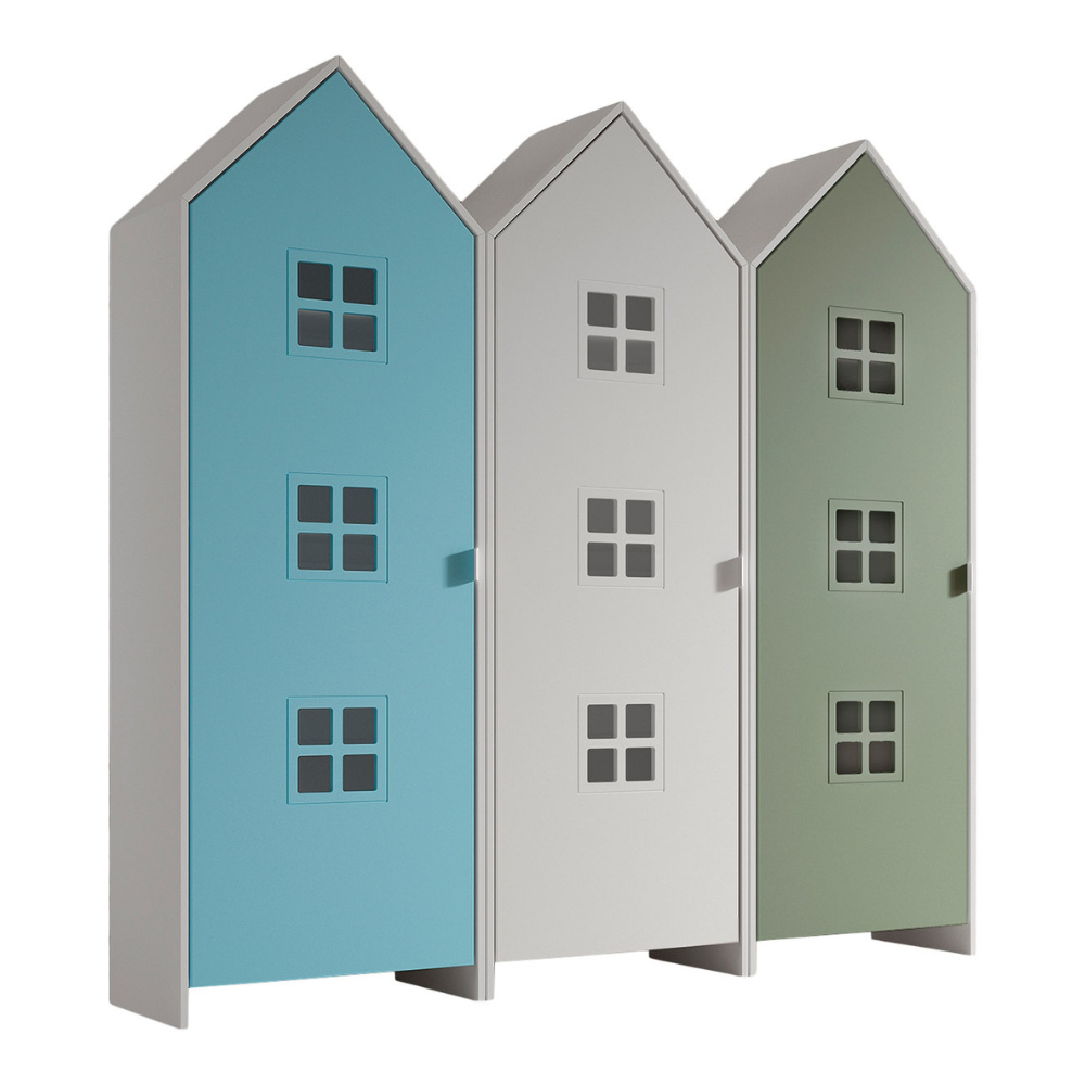 The Casami Kids 3 Door Window Wardrobe Set in Ballet Blue, Satin White & Mint Green provides charm, durability & storage, where fun meets functionality