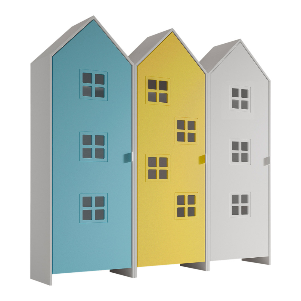 The Casami Kids 3 Door Window Wardrobe Set in Ballet Blue, Sunbeam Yellow & Satin White provides charm, storage & durability, where fun meets functionality