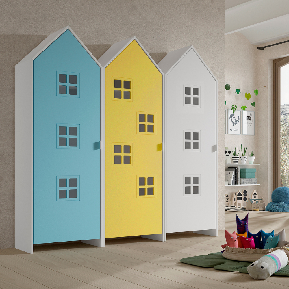 The Casami Kids 3 Door Window Wardrobe Set in Ballet Blue, Sunbeam Yellow & Satin White provides charm, storage & durability, where fun meets functionality