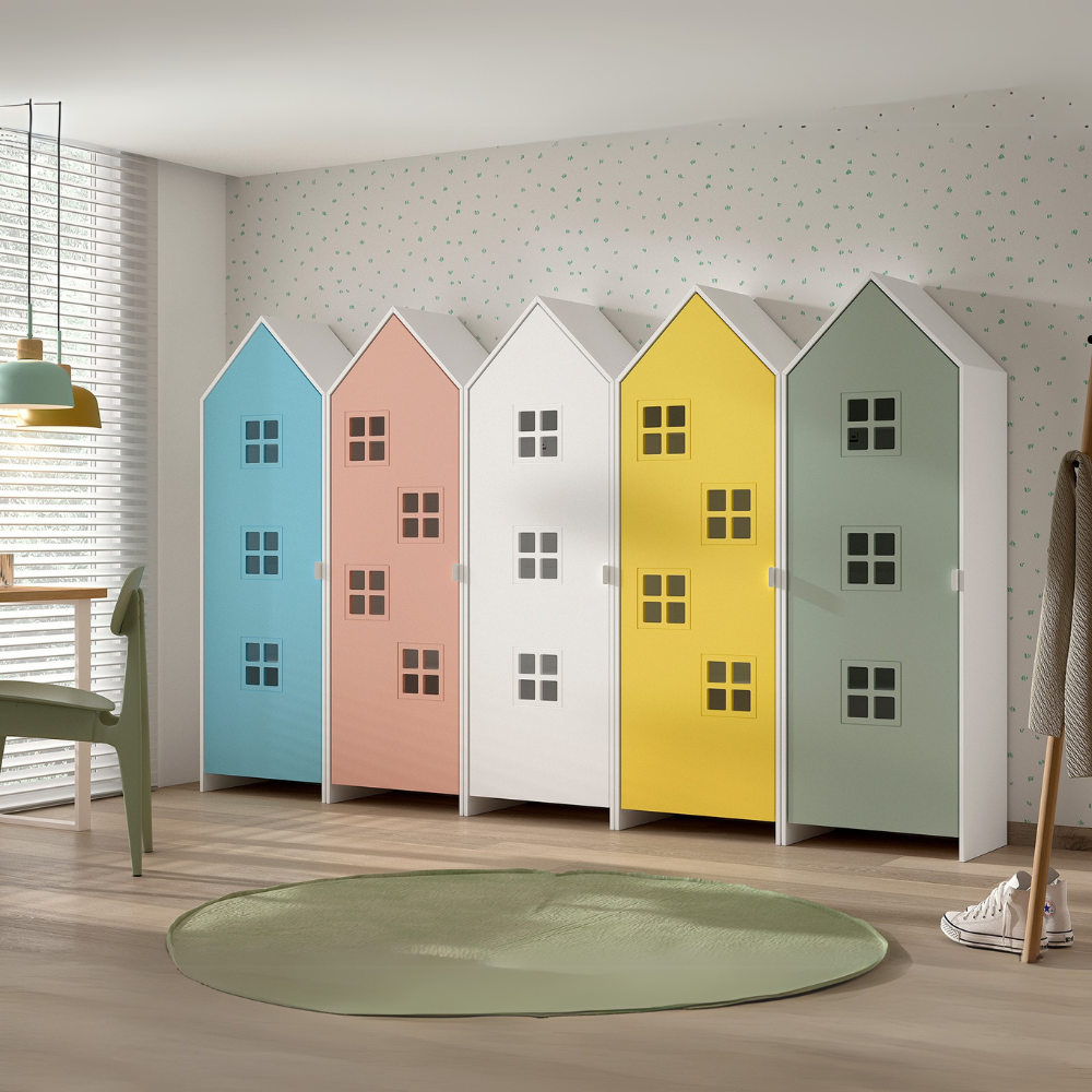 The Casami Kids 5 Door Window Wardrobe Set in Multicolour offers colours ranging from Blue, Peach, White, Yellow & Green three shelves, MDF & a hanging rail