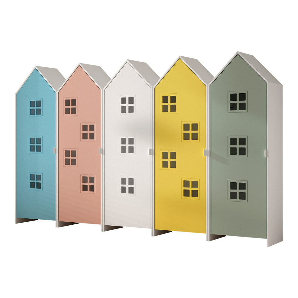 The Casami Kids 5 Door Window Wardrobe Set in Multicolour offers colours ranging from Blue, Peach, White, Yellow & Green three shelves, MDF & a hanging rail