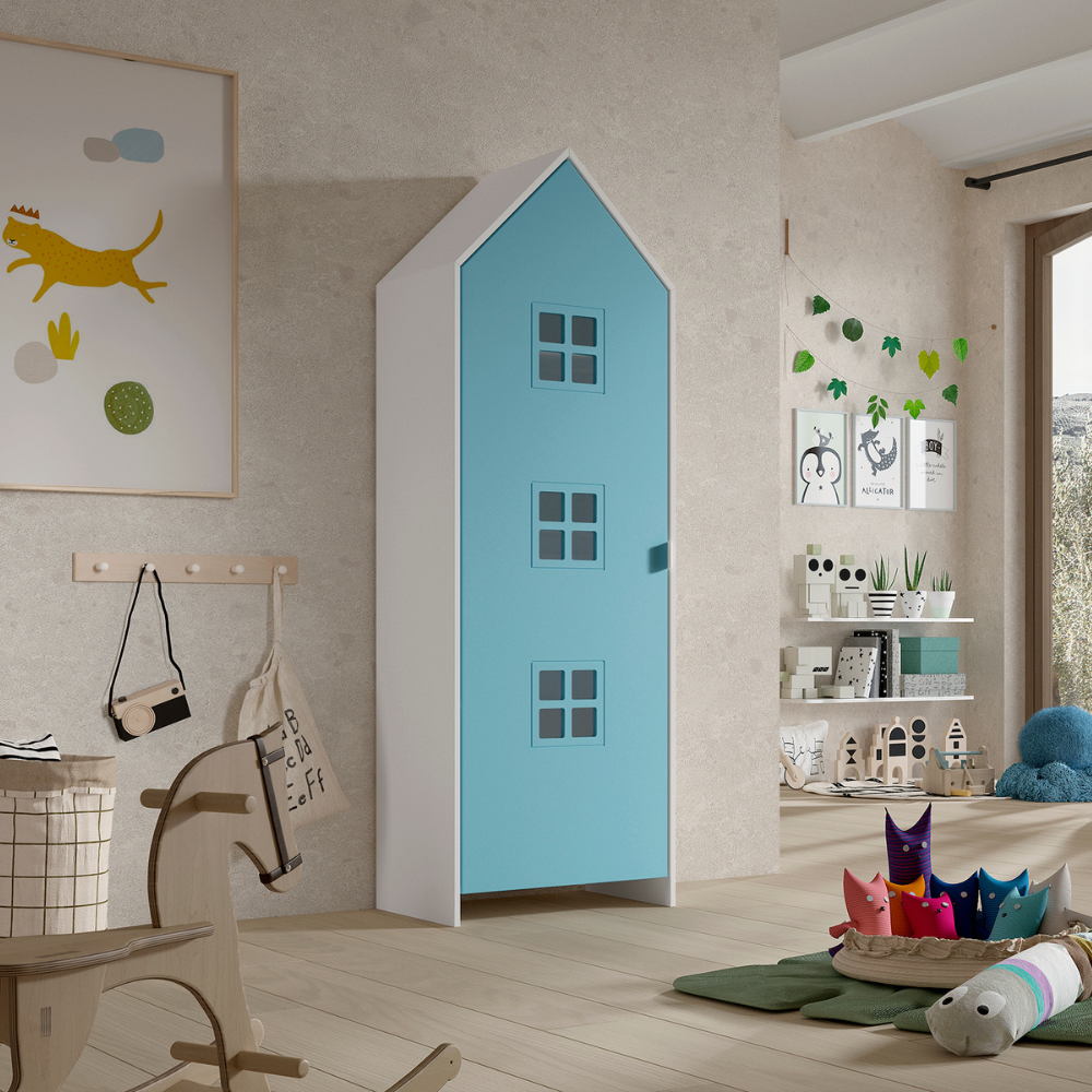 The Casami Kids Wardrobe in Blue Ballet features white lacquered MDF, an interior rail and shelves for clothes storage, ideal for children's or nursery room