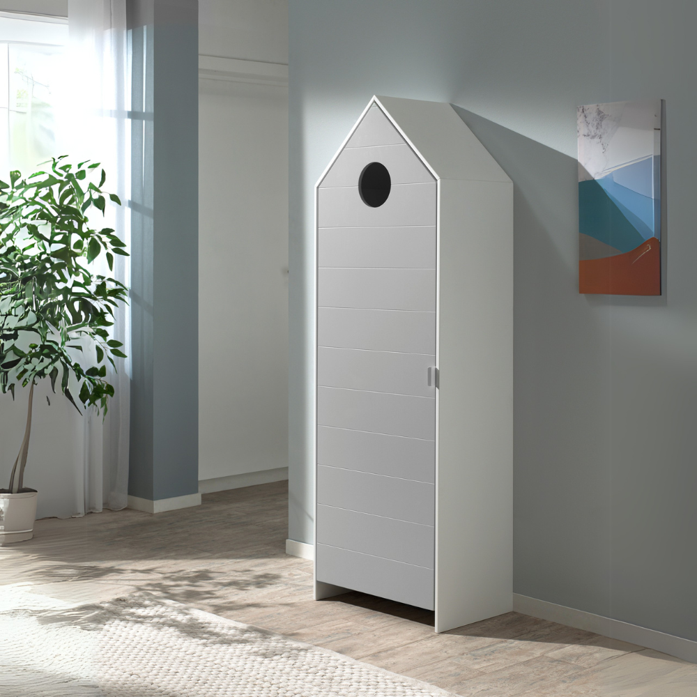 The VIPACK Casami Kids Wardrobe in Cool Grey features beach house design, white frame & cozy MDF closet with shelves, ideal for any kids room