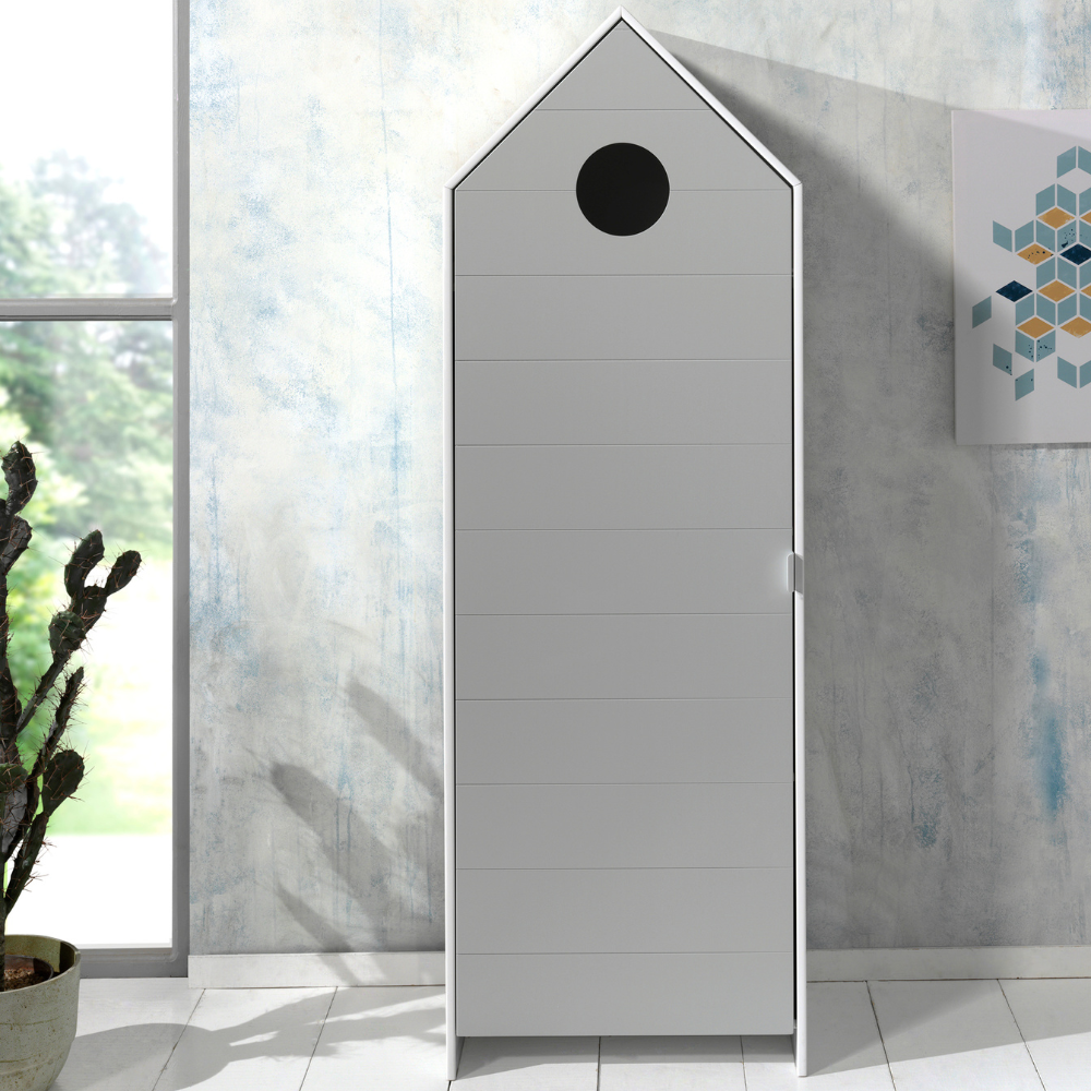 The VIPACK Casami Kids Wardrobe in Cool Grey features beach house design, white frame & cozy MDF closet with shelves, ideal for any kids room