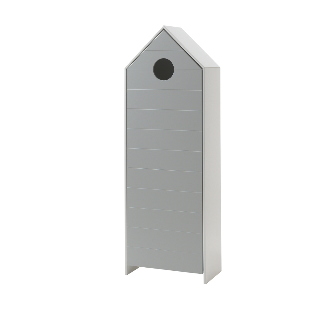 The VIPACK Casami Kids Wardrobe in Cool Grey features beach house design, white frame & cozy MDF closet with shelves, ideal for any kids room