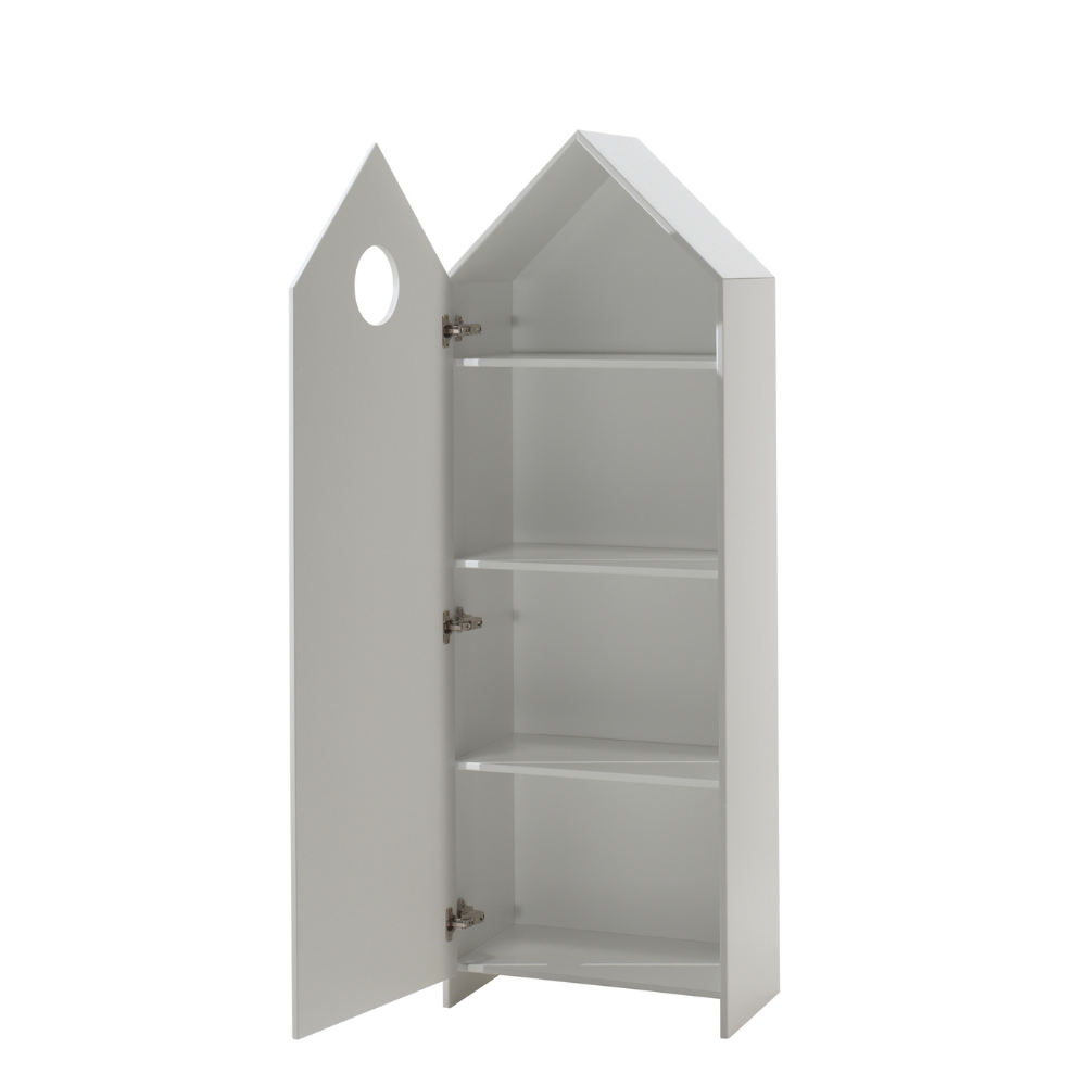 The VIPACK Casami Kids Wardrobe in Cool Grey features beach house design, white frame & cozy MDF closet with shelves, ideal for any kids room