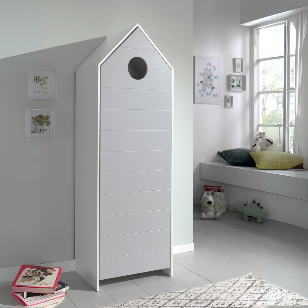 The VIPACK Casami Kids Wardrobe in Cool Grey features beach house design, white frame & cozy MDF closet with shelves, ideal for any kids room