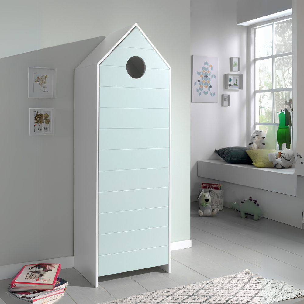 The VIPACK Casami Kids Wardrobe in Mint Green features beach house design, white frame & cozy MDF closet with shelves, adding a bold statement to kids rooms