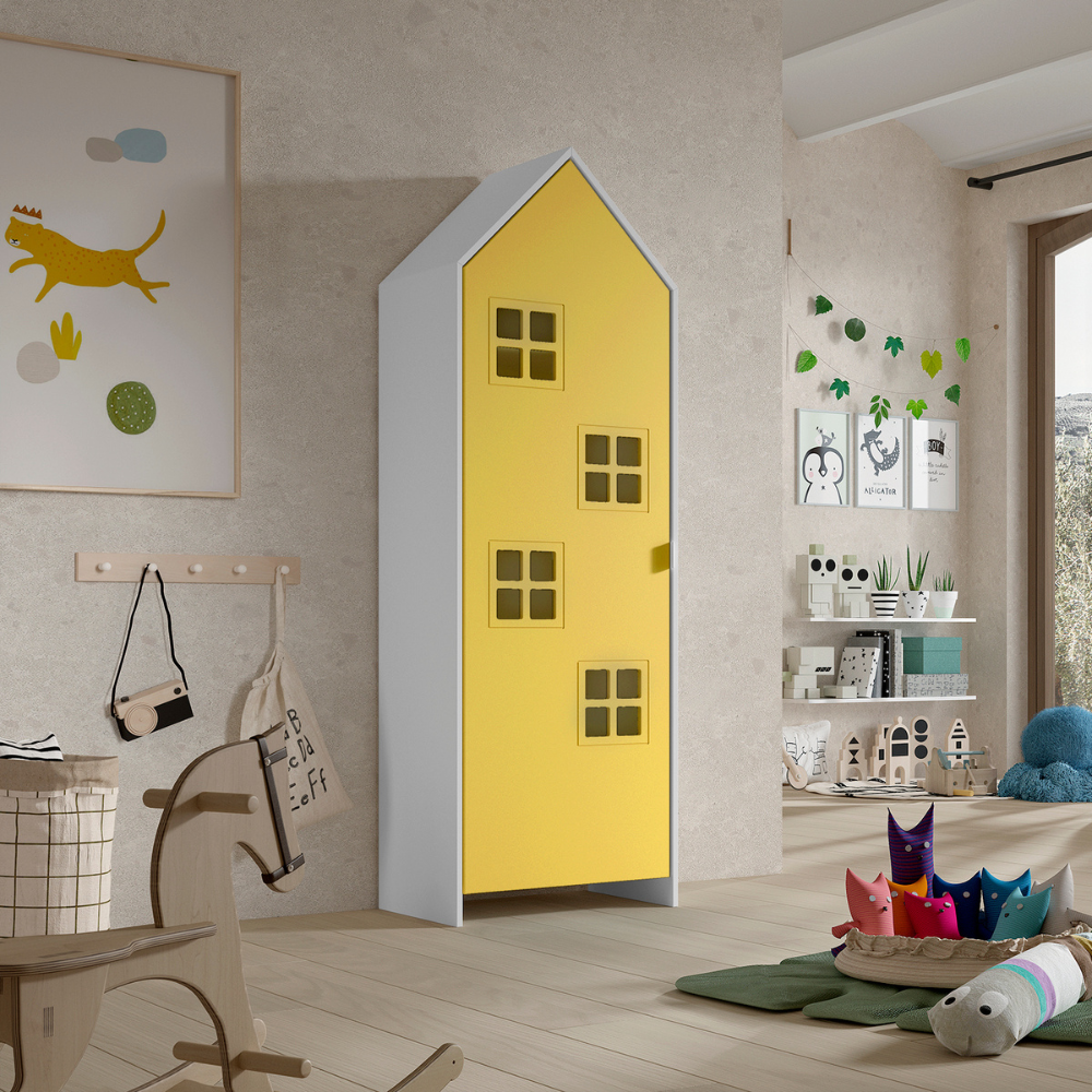 The Casami Kids Window Wardrobe in Yellow offers white lacquered MDF, an interior rail & shelves for clothes storage, perfect for children's or nursery room