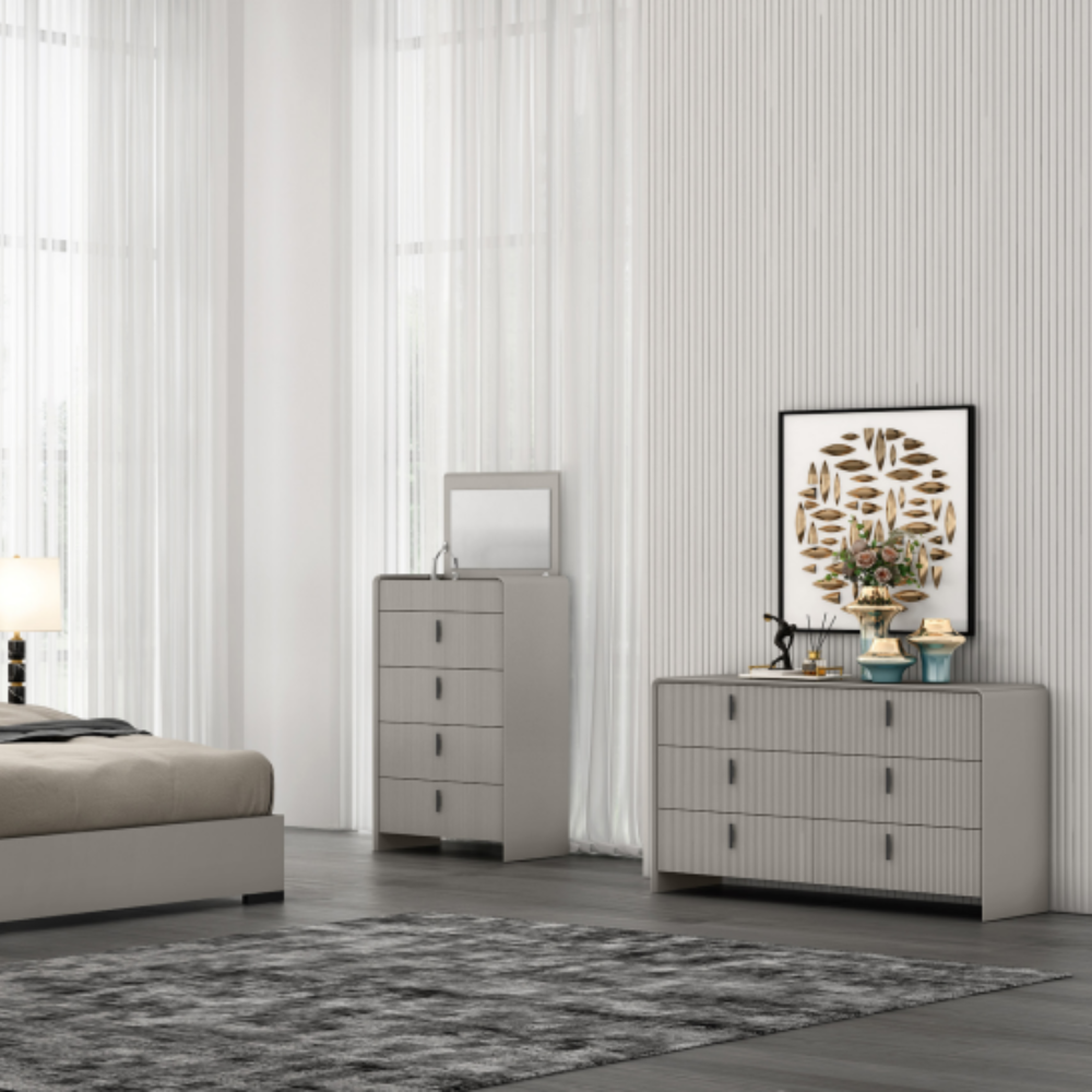 The Cavelli 4 Drawer Chest in Flannel Grey features an integrated mirror, concealed jewellery storage and soft-close drawers.