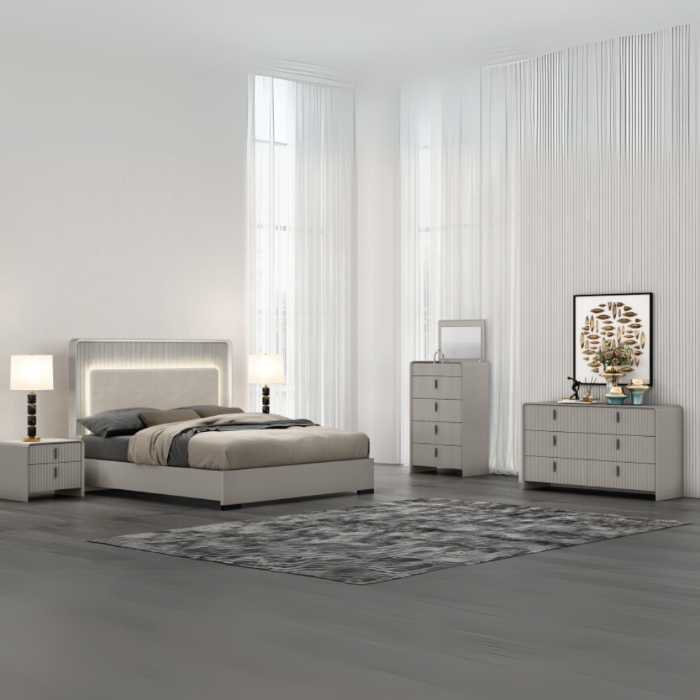 The Cavelli 4 Drawer Chest in Flannel Grey features an integrated mirror, concealed jewellery storage and soft-close drawers.