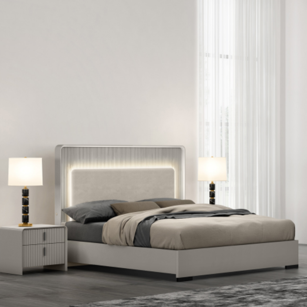 The Cavelli Bedside Locker in Flannel Grey combines contemporary aesthetics with a ribbed pattern, featuring two ample drawers and robust MDF construction.