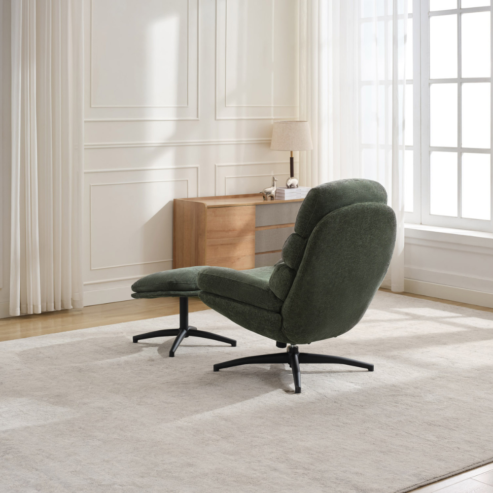 The Clark Leisure Chair & Footstool in Winter Moss offers 360° swivel, a sturdy metal base and a plush footstool