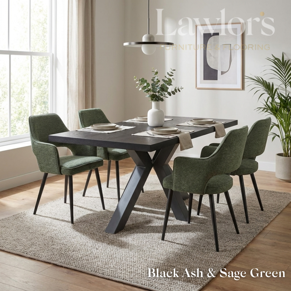 Dining room with black table and green chairs set