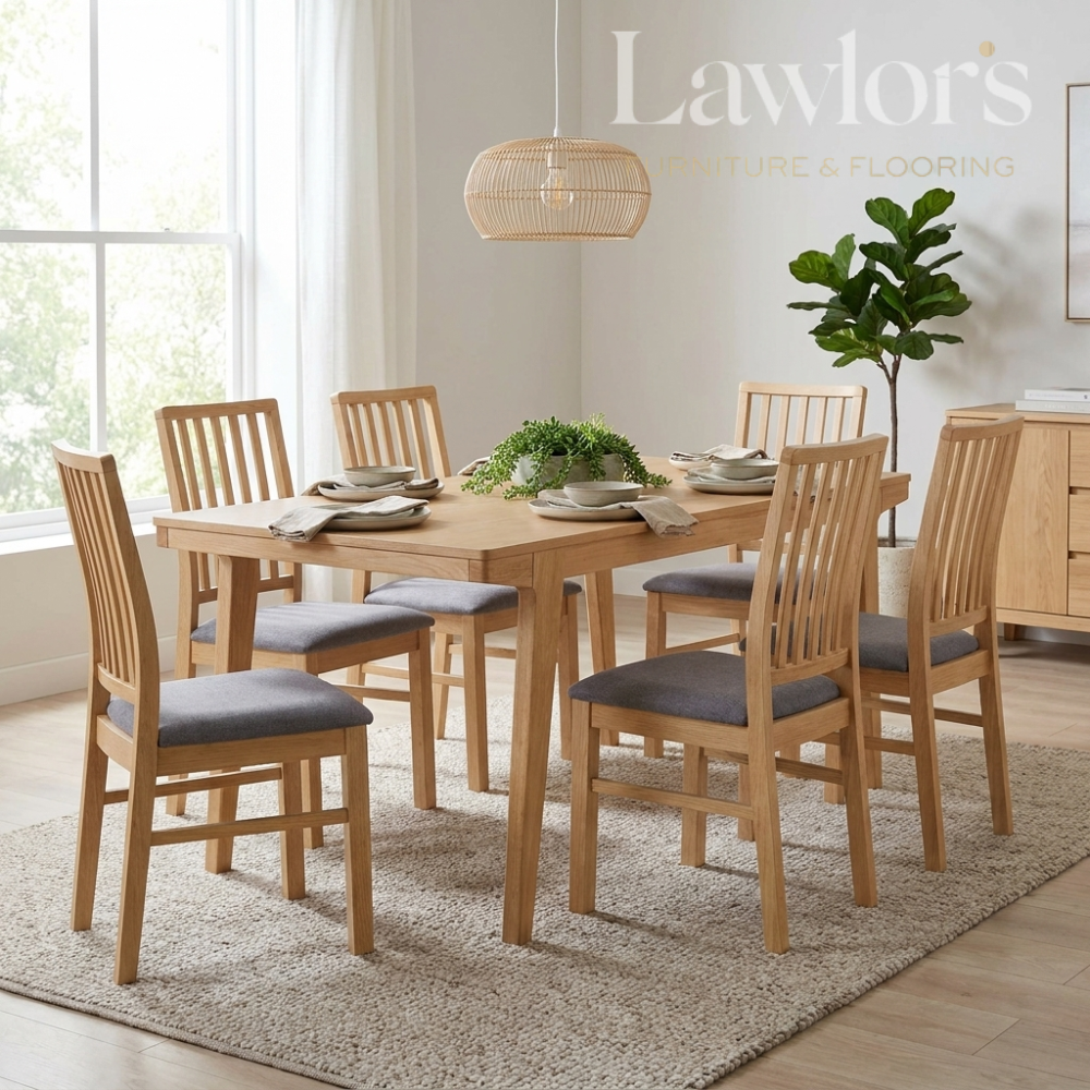 Dining room with wooden table and cushioned chairs