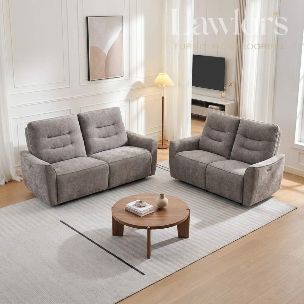 Stone 3+2 electric recliner sofa set in a living room with a coffee table and decor items.