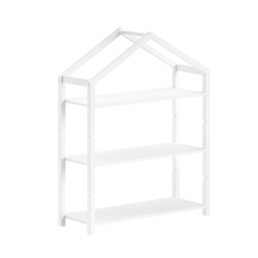 The Dallas Kids Bookcase in White Scandinavian pine features a spacious bookshelf perfect for kids toys and accessories with a playful house shaped design