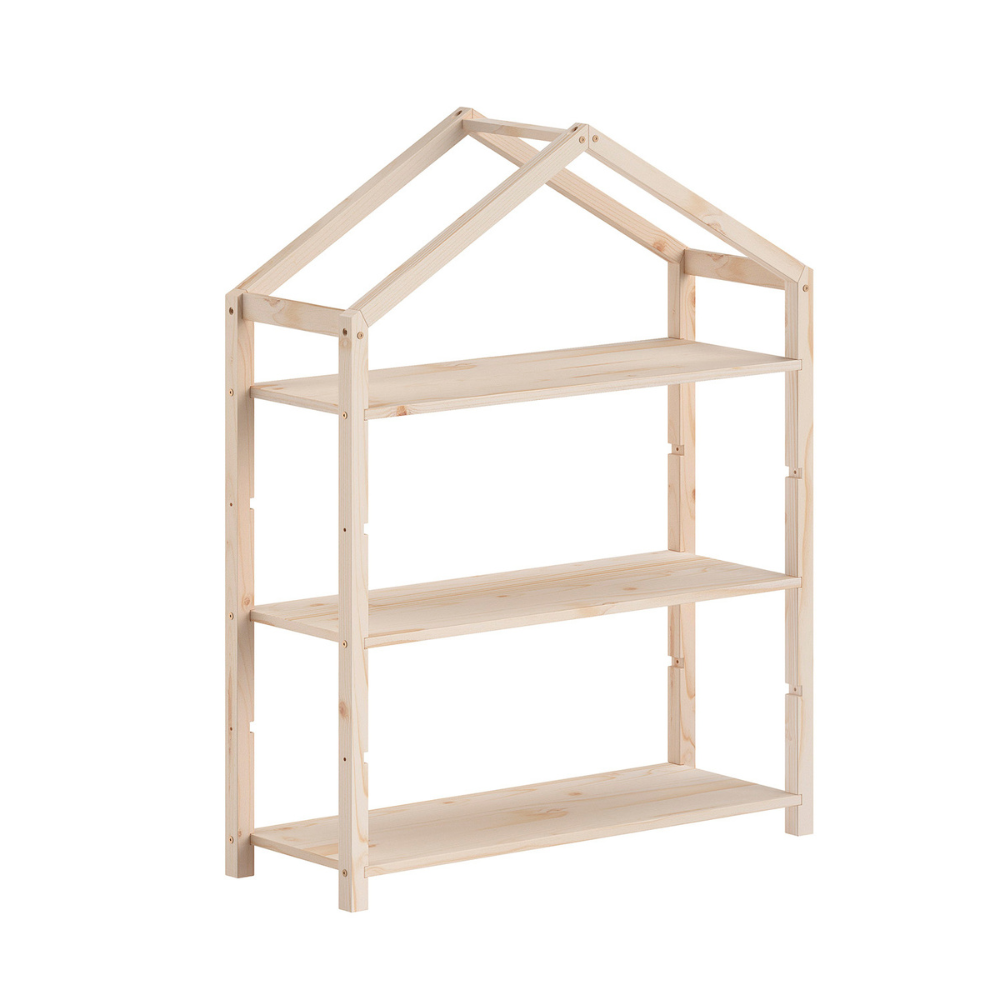 The Dallas Kids Bookcase in Natural Scandinavian pine features a playful house shaped design, spacious bookshelf perfect for kids toys and accessories