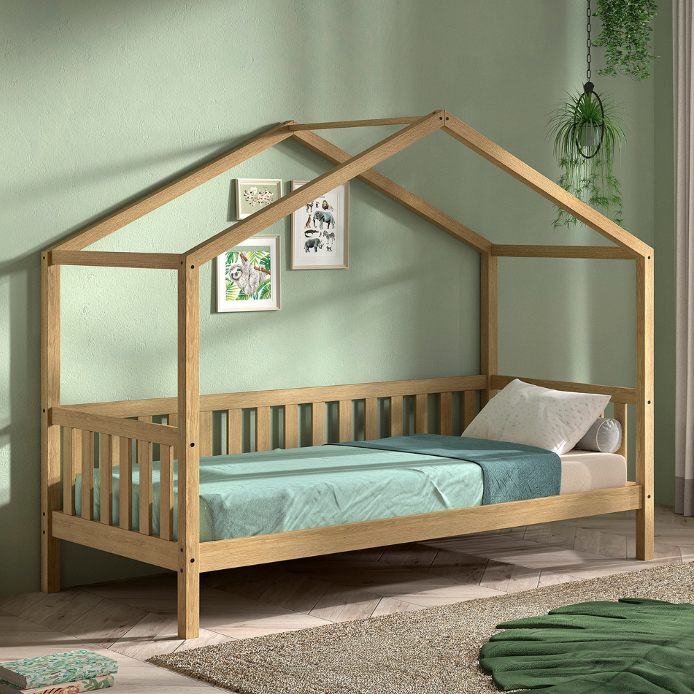 The Dallas Kids House Bed 90 x 200cm in Oak with a playful roof & safety rail, this sturdy children's bed provides a cozy design & fall protection