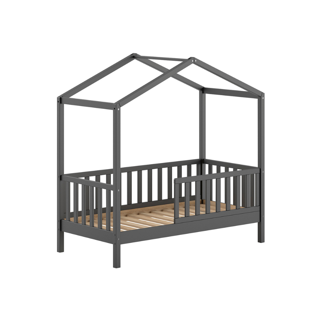 The Dallas Toddler House Bed 70 x 140cm in Anthracite offers Scandinavian pine with roof & rails, a safe children's bed perfect for transition from a crib