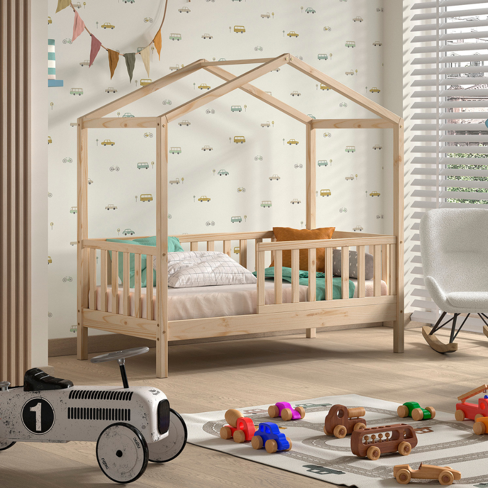 The Dallas Toddler House Bed 70 x 140cm in Natural offers Scandinavian pine with roof & rails, a safe children's bed perfect for transition from a crib