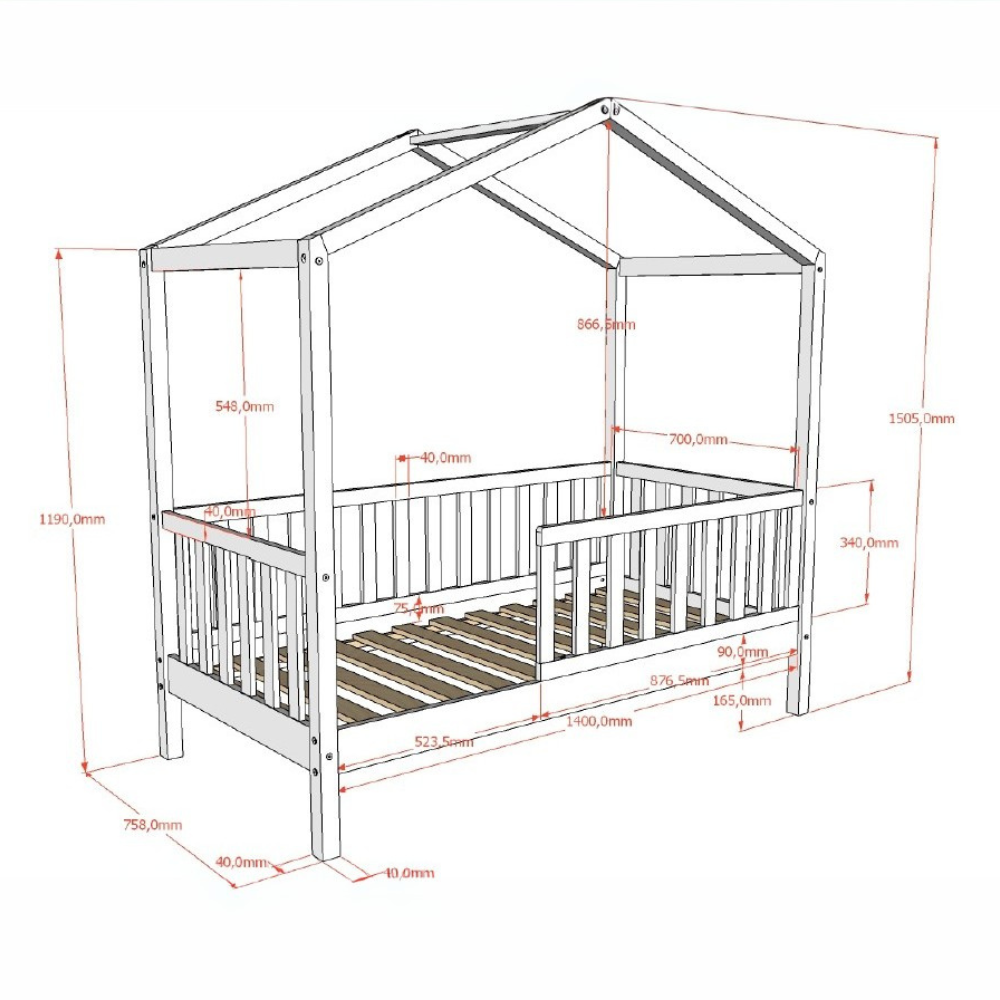The Dallas Toddler House Bed 70 x 140cm in White offers Scandinavian pine with roof & rails, a safe children's bed perfect for transition from a crib