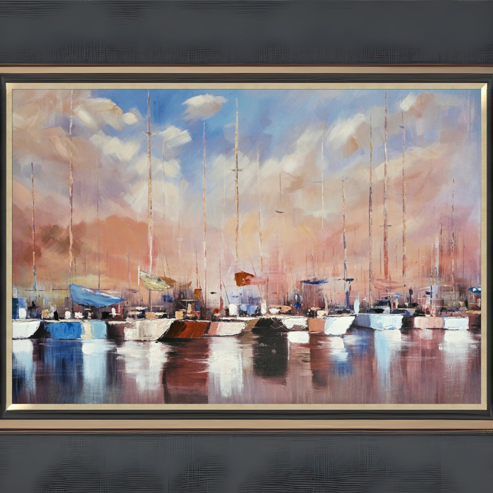 With a gold & black frame for stylish coastal charm, Dawn Harbour hand-painted art (100x150 cm) depicts a calm marina scene with warm hues & rich textures.