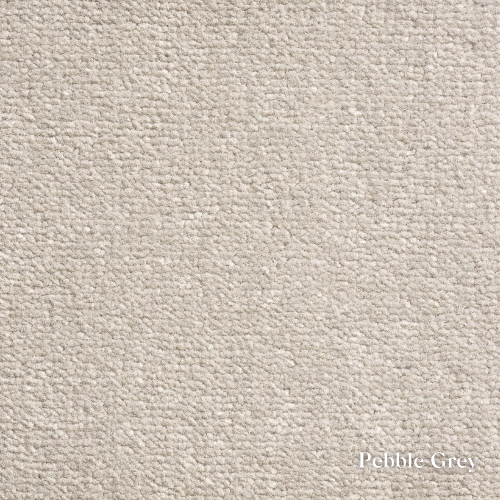 Textured fabric swatch in pebble grey color with 'Pebble Grey' label.