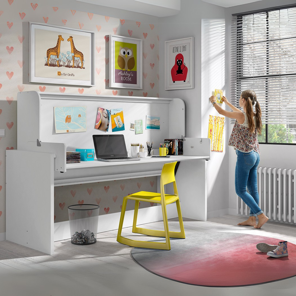 The Denver Kids Desk Bed 90 x 200cm in White features 2 in 1 desk and bed appropriate for children ages 4 and up that saves space while looking stylish
