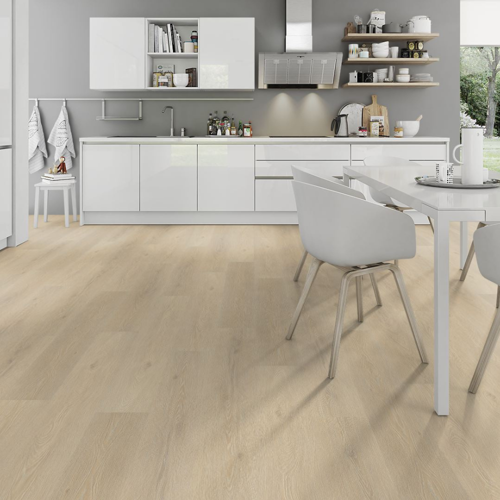 The Denver Oak Laminate Flooring - 12mm features soft oak tones, AC4 durability, embossed texture, easy DocLoc installation and low maintenance flooring