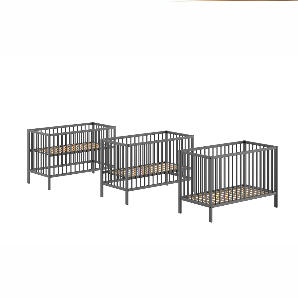 The Dino Baby Cot Bed 60 x 120cm in Anthracite features a smooth lacquered finish, European beech material and a 3 height adjustable slatted base
