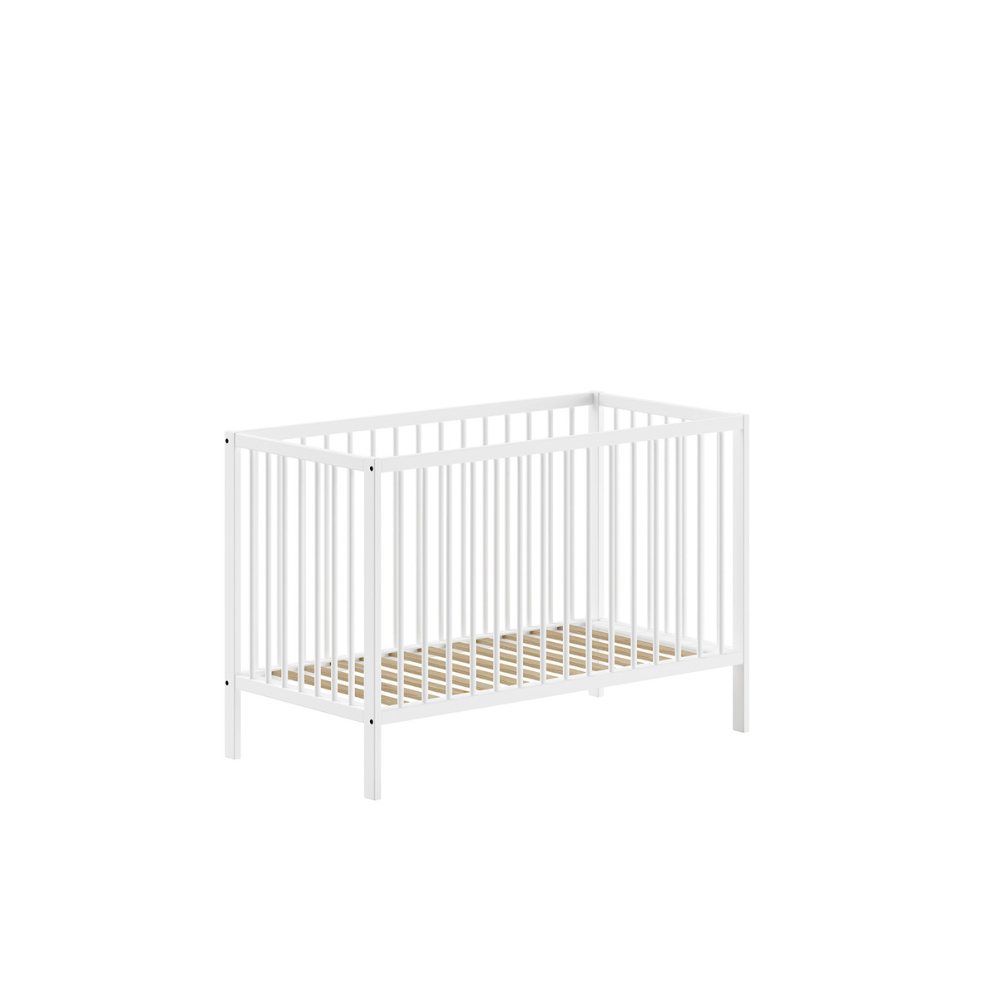 The Dino Baby Cot Bed 60 x 120cm in White features a smooth lacquered finish, European beech material and a 3 height adjustable slatted base