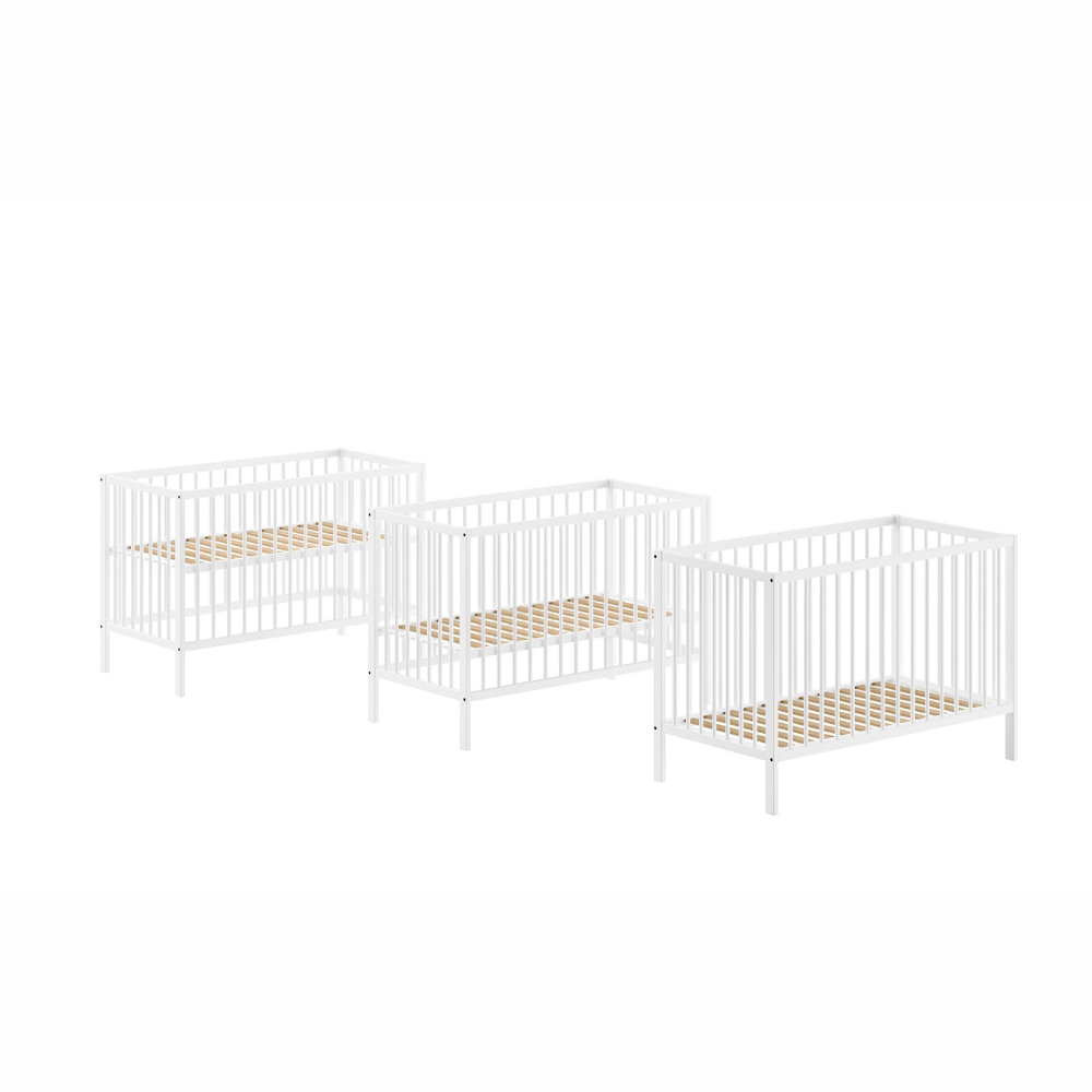 The Dino Baby Cot Bed 60 x 120cm in White features a smooth lacquered finish, European beech material and a 3 height adjustable slatted base