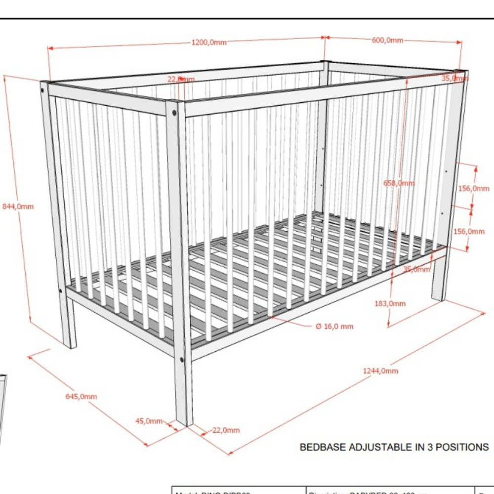 The Dino Baby Cot Bed 60 x 120cm in White features a smooth lacquered finish, European beech material and a 3 height adjustable slatted base