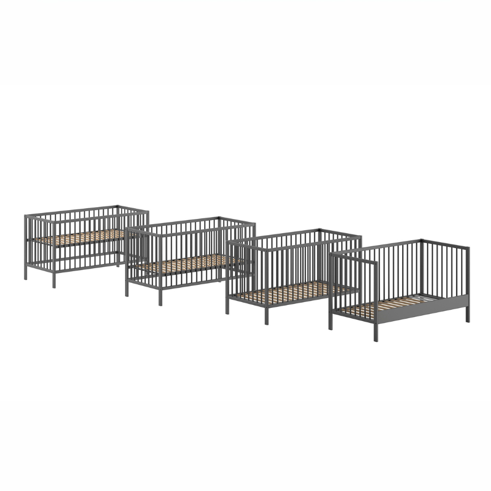 The Dino Baby Cot Bed 70 x 140cm in Anthracite features removable bars, 3 height adjustable slat base, European beech material and toddler bed conversion