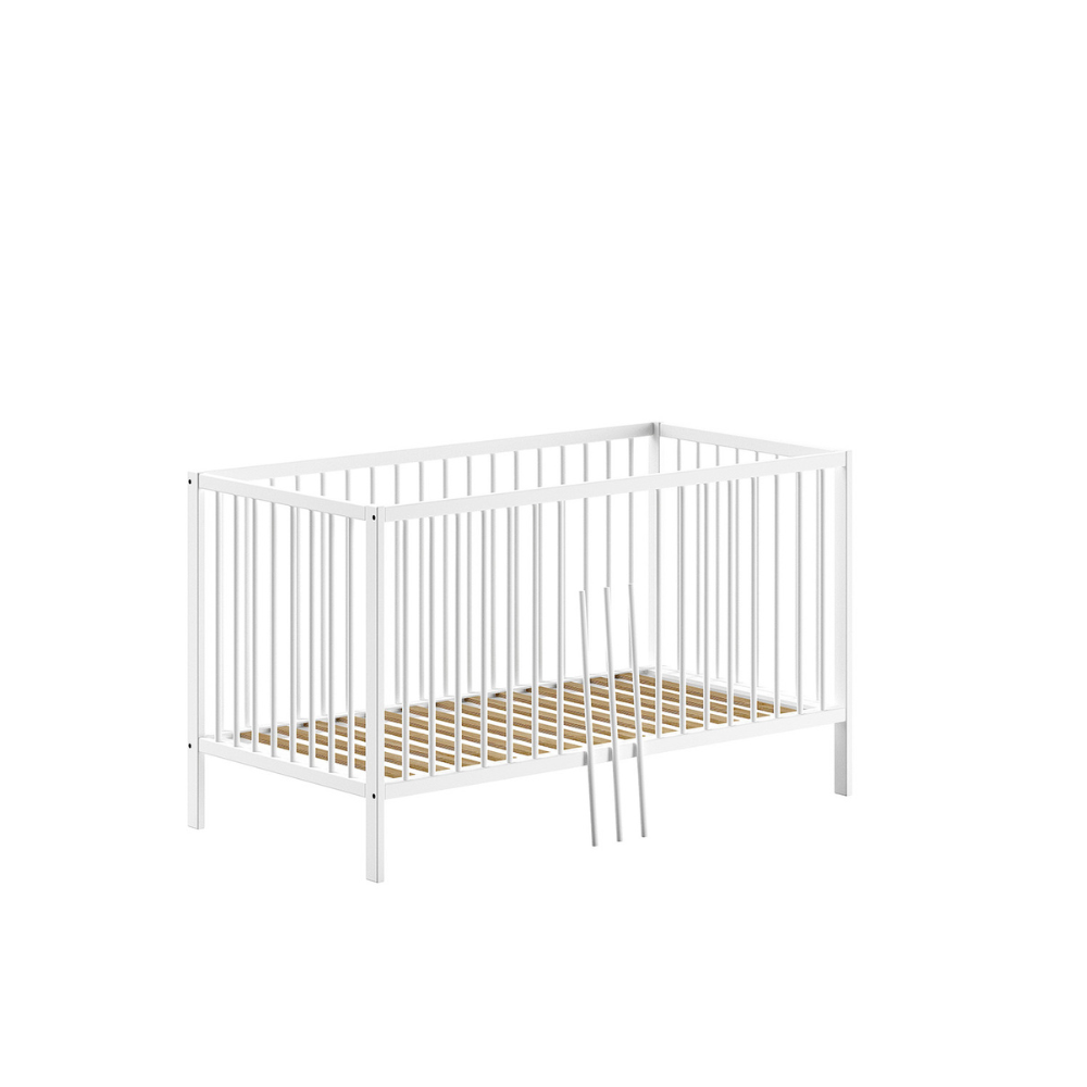 The Dino Baby Cot Bed 70 x 140cm in White features 3 height adjustable slat base, European beech material, removable bars and toddler bed conversion