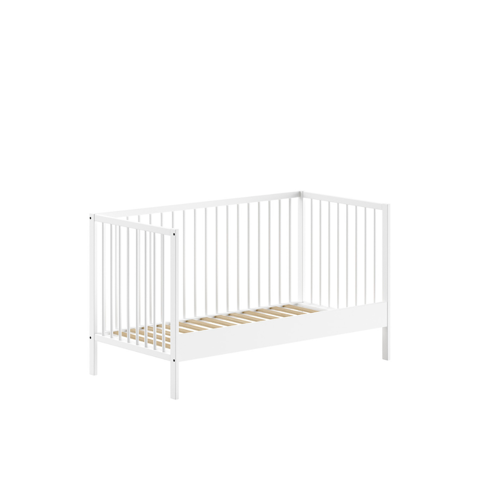 The Dino Baby Cot Bed 70 x 140cm in White features 3 height adjustable slat base, European beech material, removable bars and toddler bed conversion