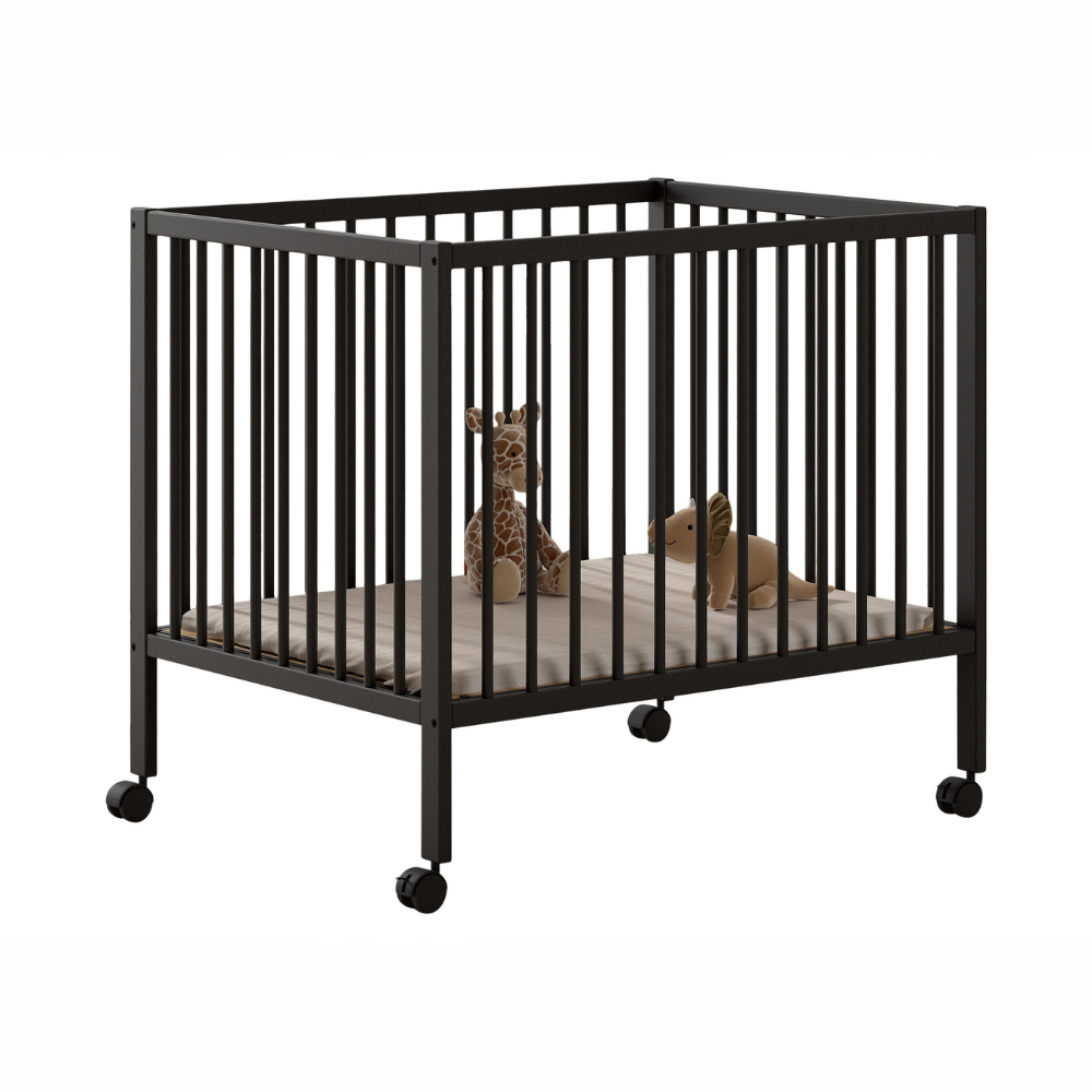 The Dino Baby Playpen 95 x 75cm in Anthracite offers removeable wheels & a 3 height adjustable slat base, a convertible baby & toddler bed for growing needs