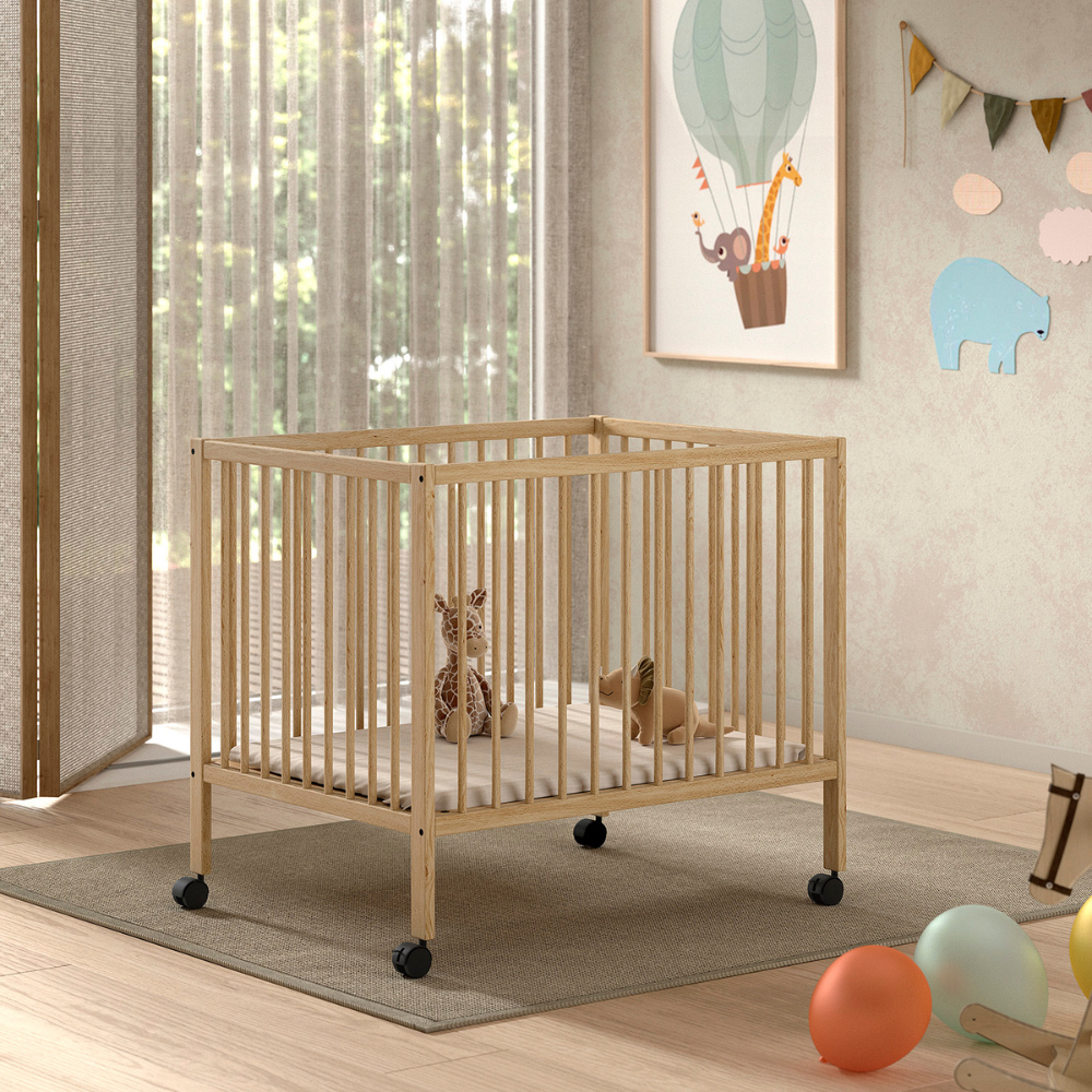 The Dino Baby Playpen 95 x 75cm in Natural features a 3 height adjustable slat base & removeable wheels, a convertible baby & toddler bed for growing needs
