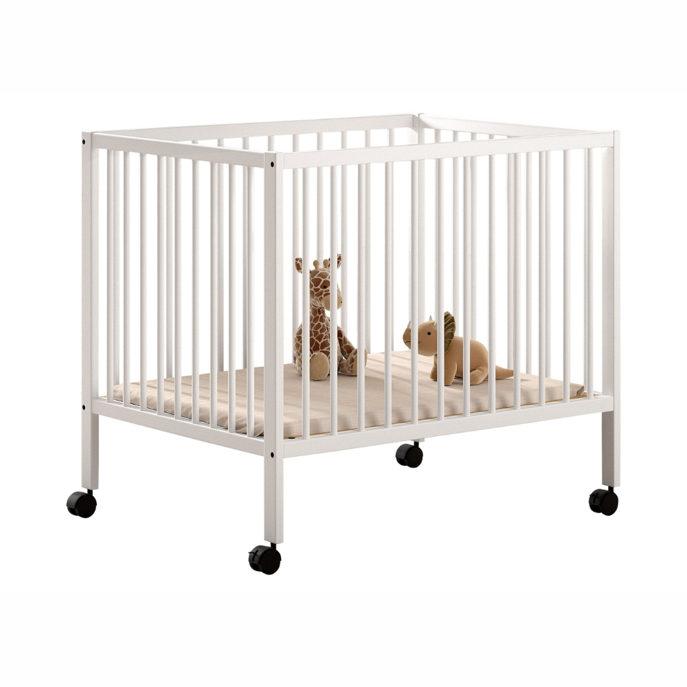 The Dino Baby Playpen 95 x 75cm in White offers removeable wheels & a 3 height adjustable slat base, a convertible toddler & baby bed for growing needs