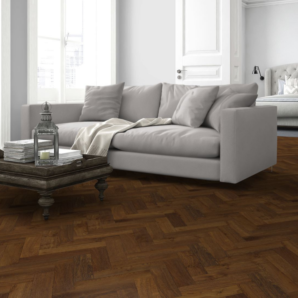 The Double Smoked Oak Herringbone Engineered Flooring - 15mm features deep smoked tones, rich grain detail and durable multi layer stability
